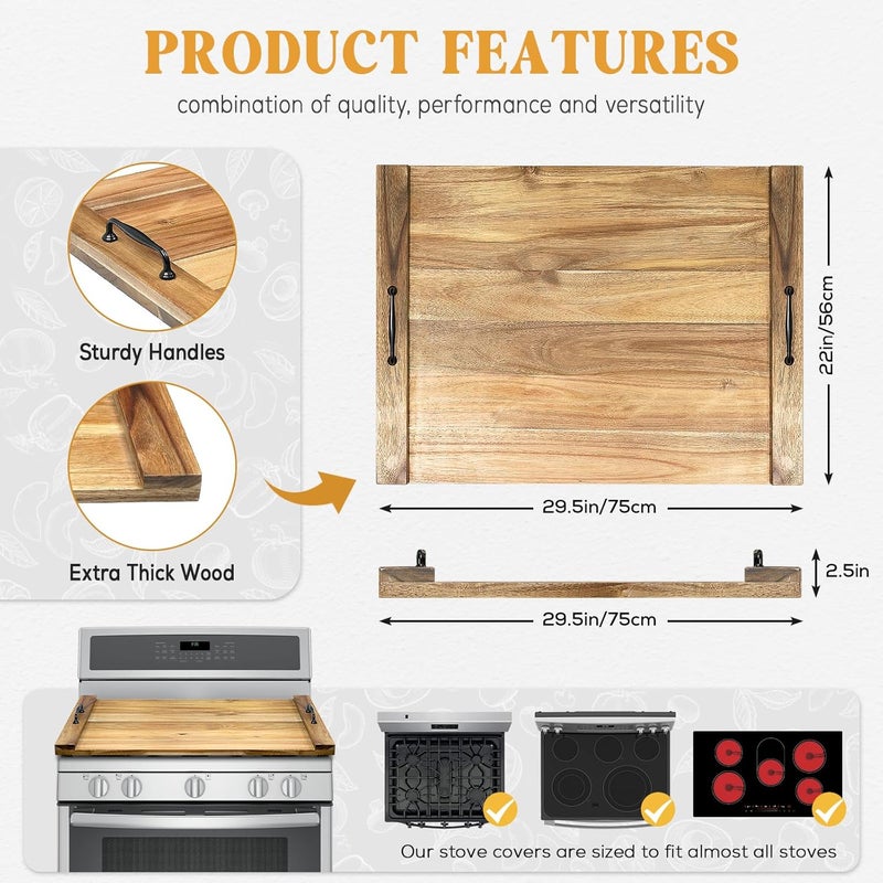 Gashell Noodle Board Stove Cover with Handles for Electric, Gas Stove Top (Acacia Wood) - Image 4